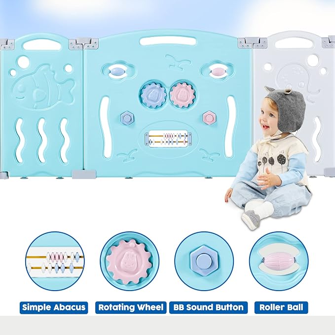 Albott 22 Panels Kids Safety Play Center Yard Baby Playpen Kids Activity Centre Indoor or Outdoor, Portable Play Yard with Gate for Babies, Infant, Toddlers Blue (20 Panels+1 Gate+ 1 Game Board)