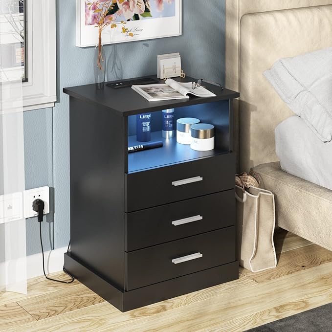 Black LED Nightstand with Charging Station, Side Table with 3 Drawers and Light, End Table with Open Storage, Beside Cabinet for Bedroom (Black)