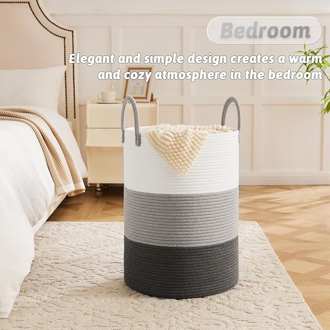 Laundry Basket,Woven Cotton Rope Laundry Hamper,60L for Decorative Storage of Dirty Clothes,Toys and Blankets in Bathroom,Bedroom and Living Room