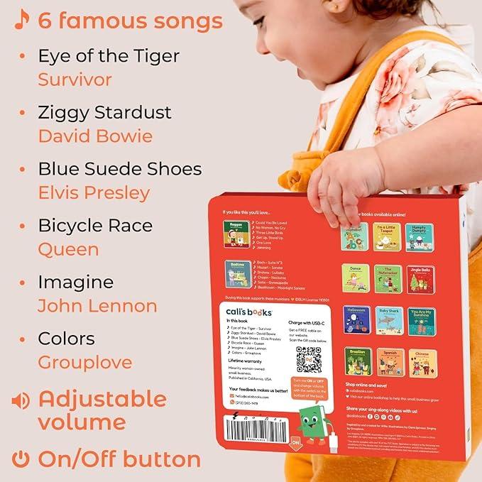 Cali's Books Rock Music Books for Toddlers 1-3 - Singing Button Sound Board Book for 2 Year Old Children, Musical Toddler Rock Songs Toys, 18 Month Interactive Learning Toy, USB-C Rechargeable