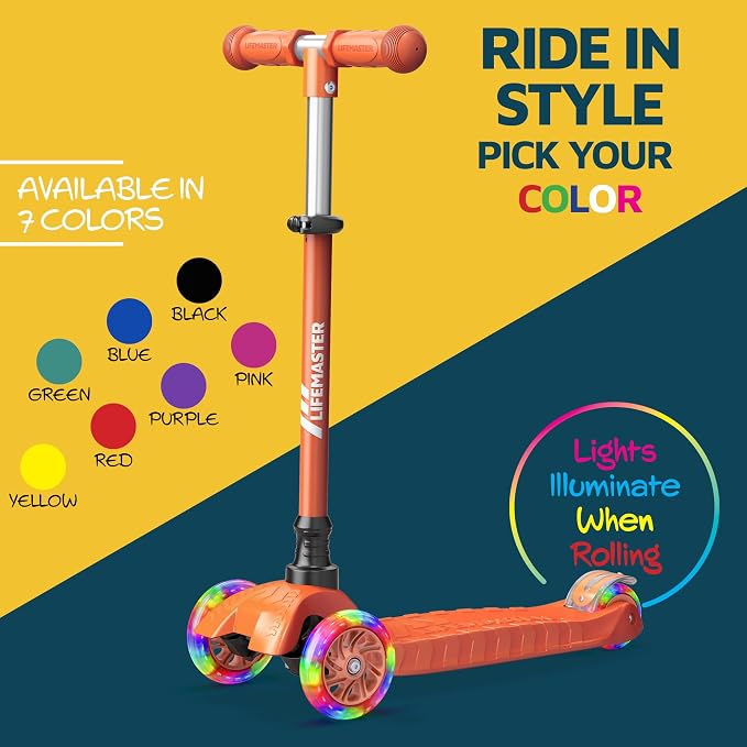 Lifemaster Mini 3-Wheel Kids Scooter with Multi-Color Wheel Lights – 4-Height Adjustable Handlebar, Wide Anti-Slip Deck, Child Safety Certified, Boys & Girls Ages 2+ Supports Up to 110 lbs