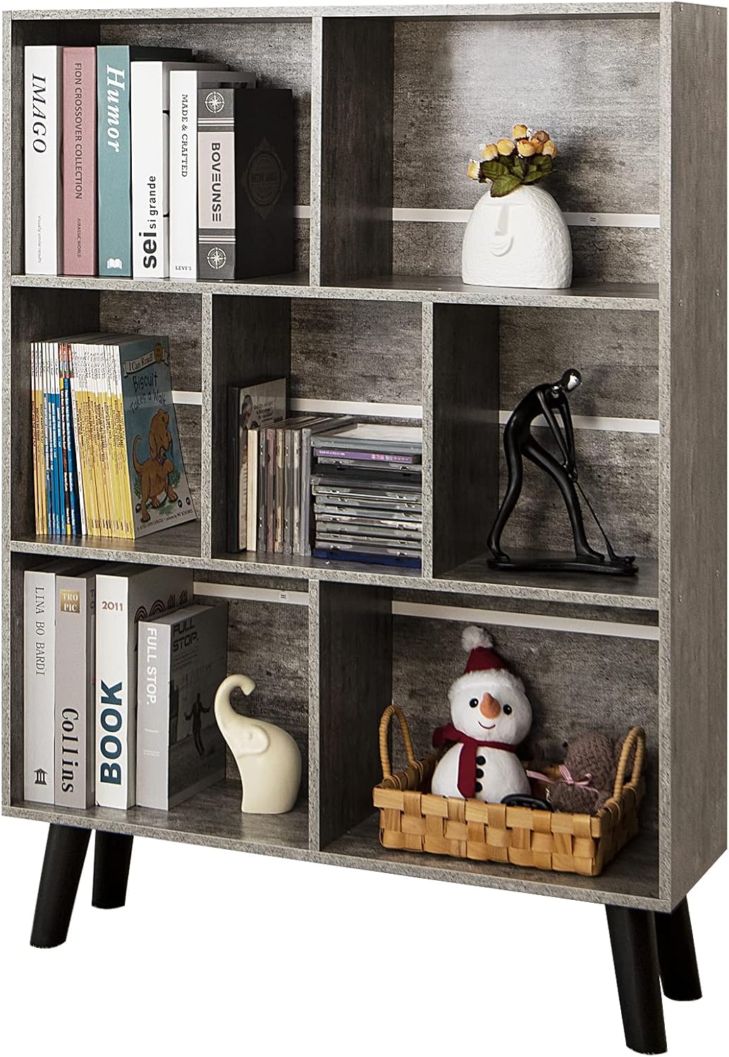 LEYAOYAO Bookshelf Cube Storage Organizer,3 Tier Bookcase with Legs,Modern Wood Open Shelf,Dirty Grey Bookshelves,Free Standing Display Short Book Shelves for Narrow Space,Bedroom,Living Room,Office