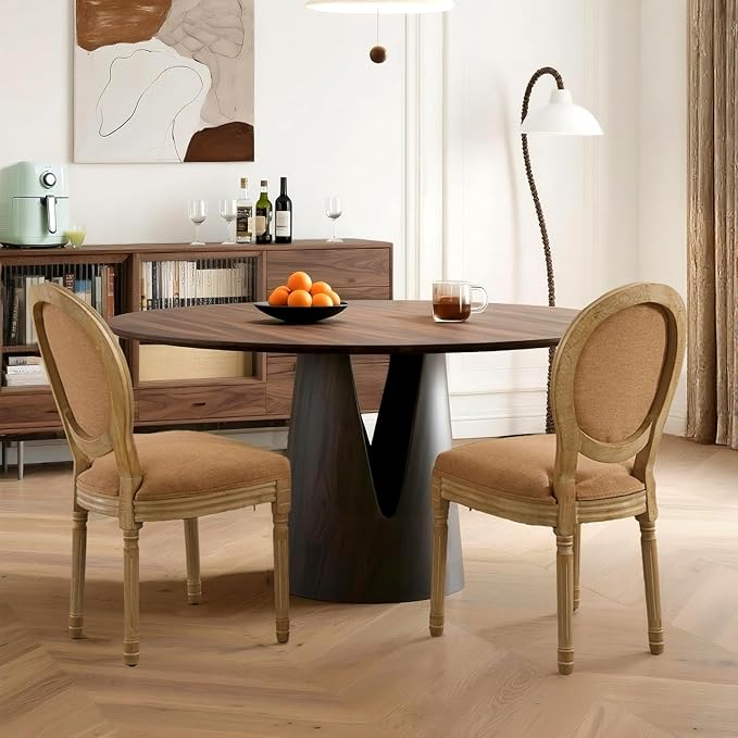 French Country Dining Chairs Set of 6,Farmhouse Upholstered Dining Room Chairs with Round Back and Solid Leg,Fabric Kitchen Side Chairs for Kitchen/Bedroom/Dining Room,Tan