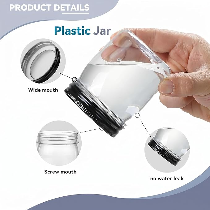 novelinks 8 oz Clear Plastic Jars with Airtight Lids, 32 Pack Plastic Mason Jars with Lids 8oz, Refillable Storage Slime Containers & Small Spice Jar for Kitchen Organization (32 Pack,Black)