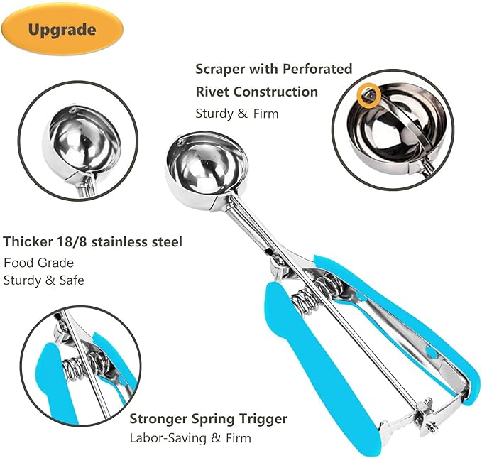 Ice Cream Scoop, Cookie Scoop, 4Tbsp/ 60ml/ 2oz Cookie Scoops for Baking, 18/8 Stainless Steel Cookie Scooper for Baking, Ice Cream Scooper with Trigger Release, Cookie Dough Scoop, Non-slip Blue Grip