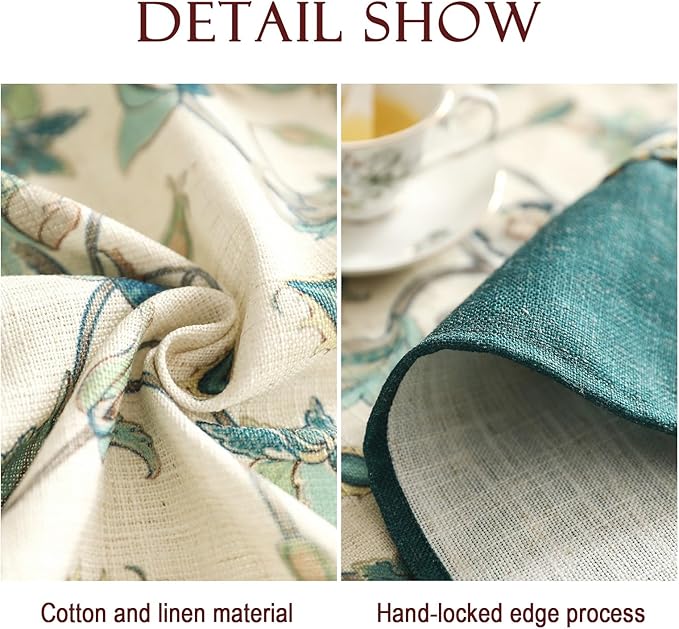 patdrea Designer Green Linen Table Cloth for Rectangle Table,Vintage Floral Pattern Durable Tablecloth,French Cover Decor for Kitchen Dining,Christmas,Thanksgiving,Tea Party,55"x79"-Noah