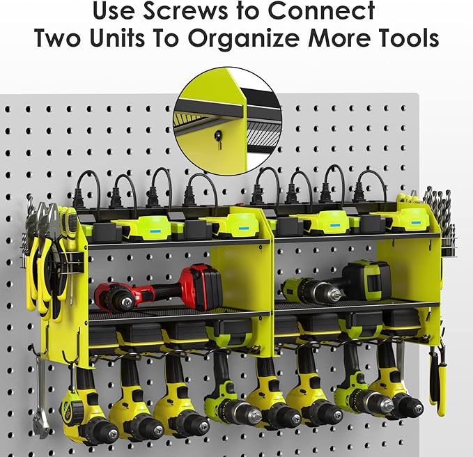 CCCEI Modular Power Tool Organizer Wall Mount with Charging Station. Garage Drill Storage Shelf with Hooks, Heavy Duty Rack, Tool Battery Holder Built in 8 Outlet. Gift for Men. Green, 1 Pack.