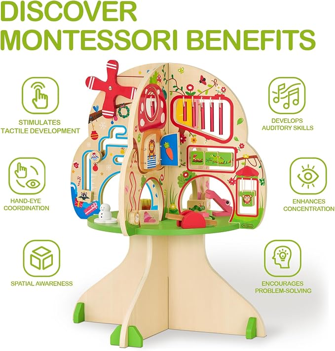 Monläurd® Montessori Wooden Tree Activity Center, Sensory Table & Busy Board for Toddlers 1-3, 4-Season Learning Activity Cube for Playroom & Daycare