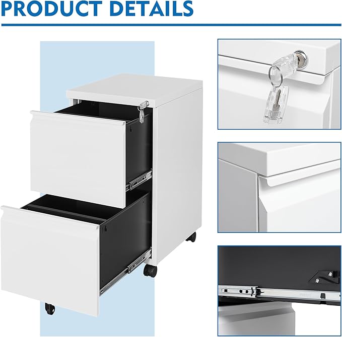 2 Drawers File Cabinet with Lock Metal Vertical File Cabient with Wheels Mobile File Cabinet for Office Home Legal/Letter/a4 Size Require Assembly (White, 2 Drawers)