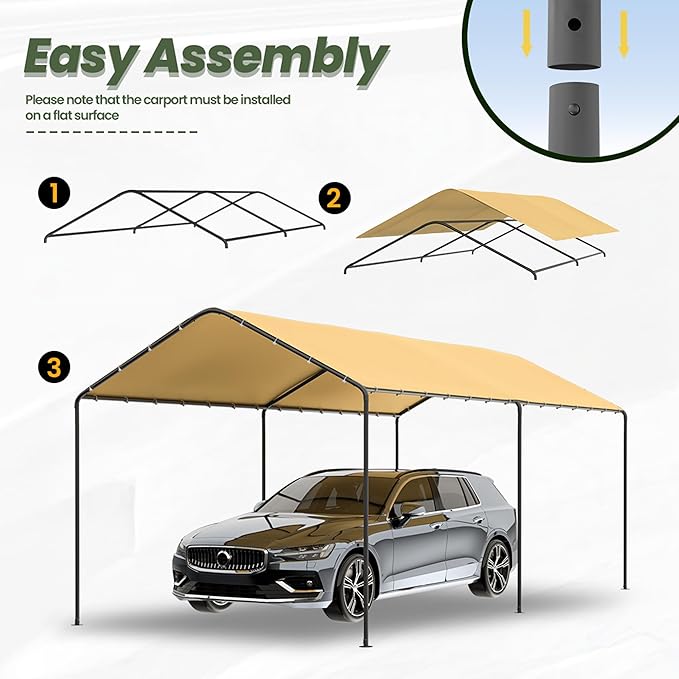 GOJOOASIS 10x20 Carport Heavy Duty Portable Garage Shelter Metal Car Canopy Tent with UV-Resistant & Weatherproof Top Cover for RV & Vehicles (Yellow, 10x20 Without sidewalls)