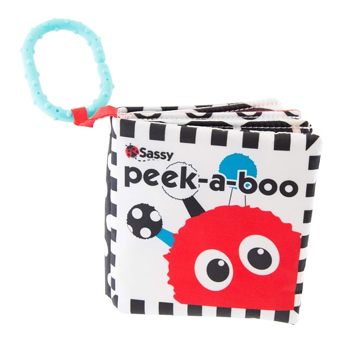 Sassy Peek-a-Boo Activity Book with Attachable Link for On-The-Go Travel, Sensory Play, Black & White, Ages 0+ Months