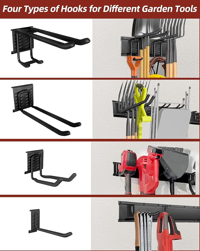 48-Inch Garage Storage Tool Organizer with 8 Hooks - Heavy Duty Metal Rack for Garage Organization, Garden Tool Organizer - Wall Mounted Tool Hanger for Shovels, Ladders, Lawn Tools