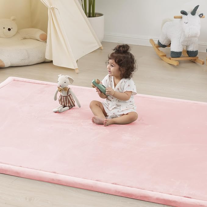 1.5" Thick Padded Baby Play Mat for Floor Tummy Time, Pro Soft Foam Activity Playroom Playmats, Easy Care with Non-Slip Safe for Infant Toddler Kids Crawling 59"x 71" (Pink)