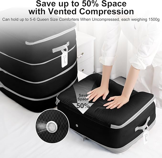 Comforter Storage Bag - 130L Large Capacity Blanket Storage Bags 4-Layer Ultra Space Saving Self Compression Organizer, Washable Compression Bags for Storage Comforter Blanket, 2-Pack, Black