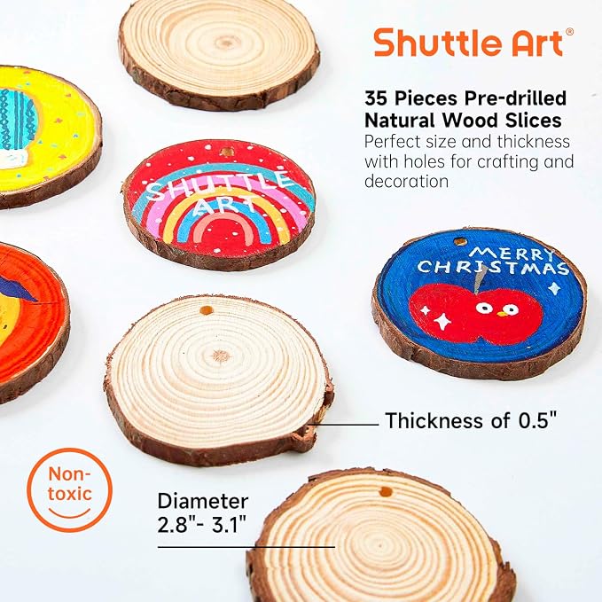 Wood Slices Kit, Shuttle Art 35 PCS Unfinished Natural Wood Slices with Pre-Drilled Hole, Acrylic Paint, Permanent Markers, Jute Twine, DIY Craft for Kids Adults Holiday Decoration Christmas Ornaments