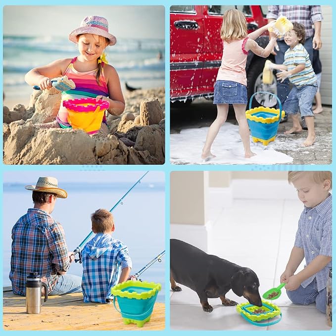 7 PCS Castle Foldable Beach Sand Buckets Toy Set with Shovels Scoop Sifter for Kids, 3L Silicone Collapsible Bucket Pails for Toddler, Summer Toy, Sandbox Kit Camping Gear Beach Essential Gift