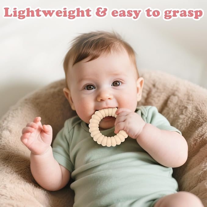 Baby Teether Toys, Silicone Teether Rings with Rattle for Babies, Textured Teething Rings Relief Soothing Sore Gums, 3 Pack