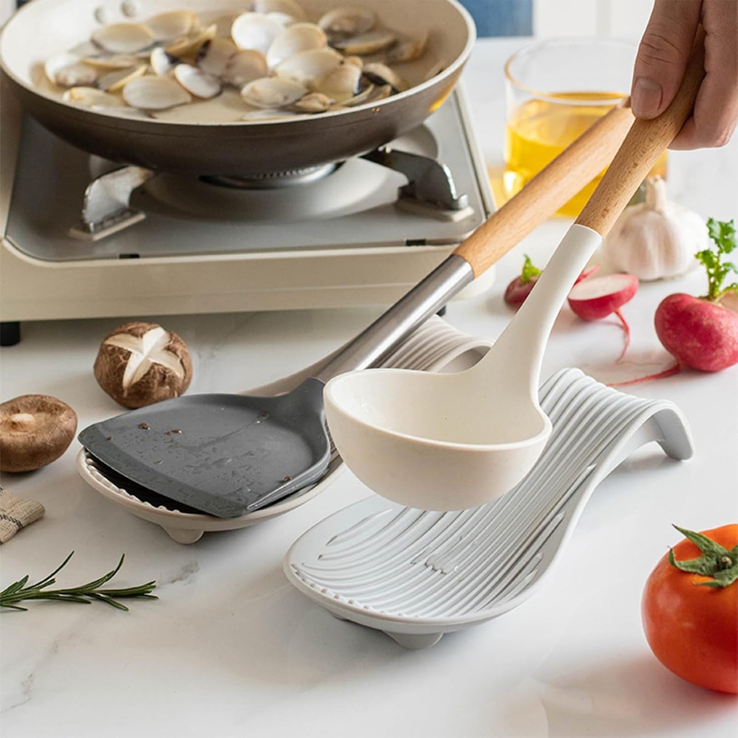 Stove Top Spoon Rest - Heat Resistant & Non-Slip Silicone Holder for Kitchen Counter, Large Cooking Utensil Rest(Khaki)