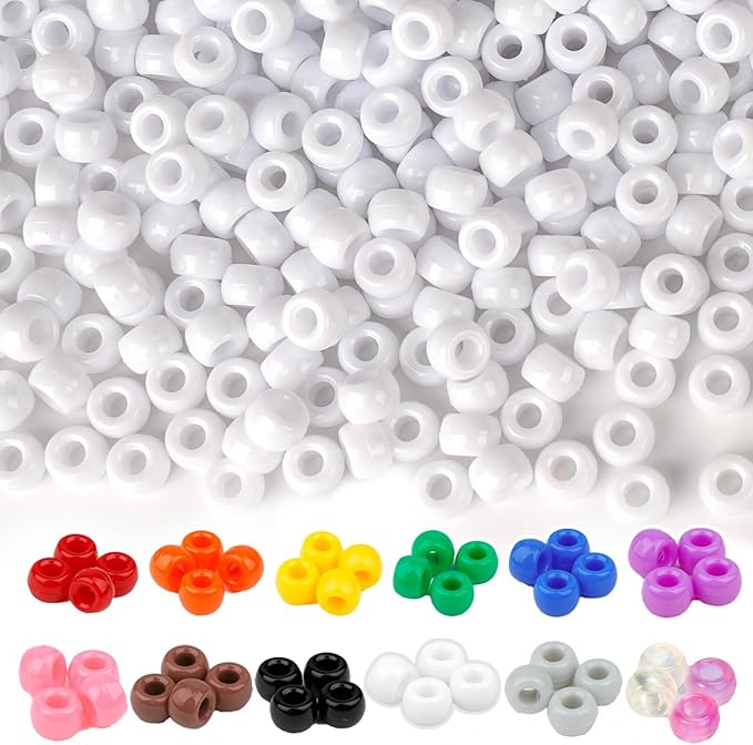 Dowsabel White Pony Beads Bulk 1000 Pcs 6x9mm, Large Hole Kandi Hair Beads for Braids Bracelets, DIY Friendship Bracelets Necklaces Jewelry Making Crafts and Gifts