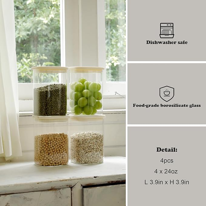 4pcs 25oz Square Pantry Glass Jars with Clear Airtight Lids Kitchen Canisters Sets for Flour, Sugar Refrigerator Safe, Patent Approved