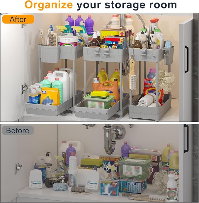 3 Pack Under Sink Organizers, 2-Tier Multi-Use Kitchen and Bathroom Organizers and Storage with Sliding Drawers，Bathroom Cabinet Organizer (Gray, 12.8 Inch)