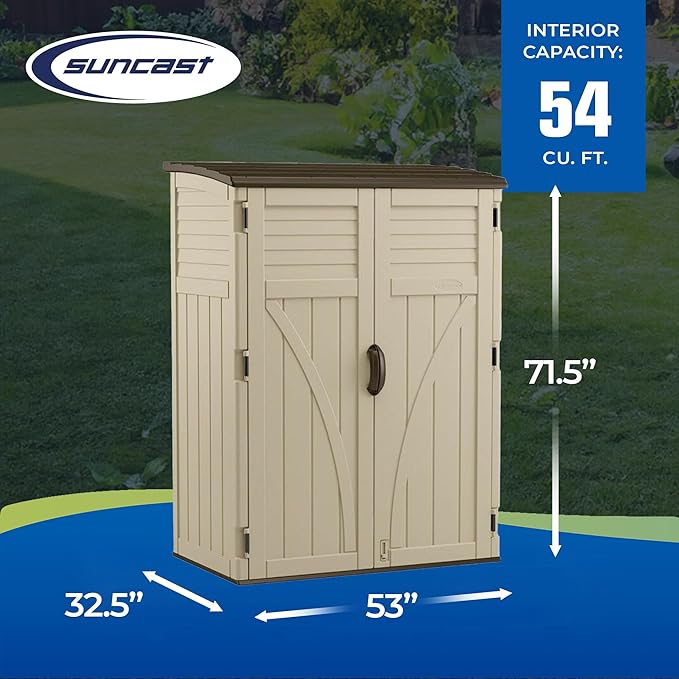 Suncast Outdoor Storage Shed, Water Resistant Resin Vertical Outdoor Storage Cabinet for Patio, Garden Tools, Cushions, & Equipment, Weatherproof Multi-Wall Design, 54 cu. ft., Made in USA