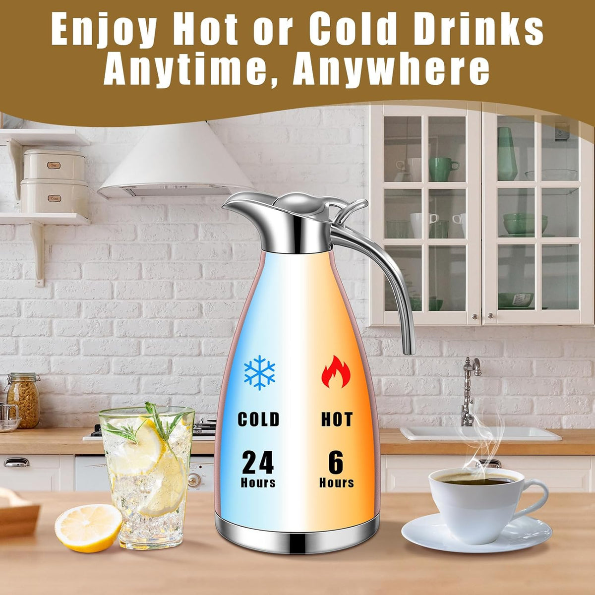 Uiifan 2 Pcs 68 oz Thermal Coffee Carafe Insulated Stainless Steel Coffee Carafe for Hot Liquids Vacuum Thermal Pot Creamer Dispenser with Brushes Keeping Hot Tea Milk Water(Rose Gold)