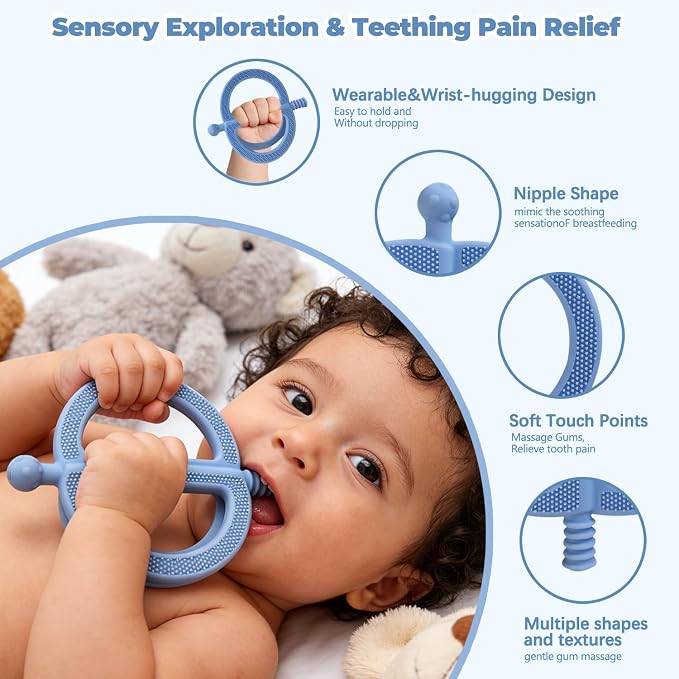 3 Pack Baby Teething Toys, Anti Dropping Wrist Hand Teethers & Easy-Grip Teether Ring, Food-Grade Silicone for Teething Relief, Newborn Essentials Chew Toys 0-12 Months（Blue&Pink&Green）