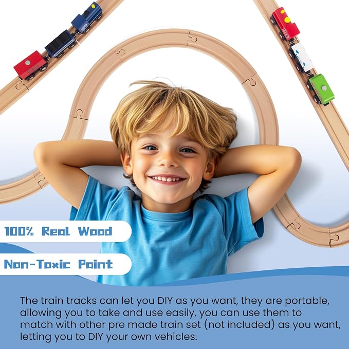 Wooden Train Tracks 58 Piece Set, Track Expansion and 9 Distinct Pieces - 100% Compatible with All Major Brands Including Thomas Wooden Railway System