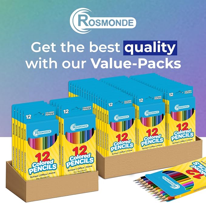 Rosmonde 100 Pack (1200 Count) Colored Pencils Bulk Set, 12 Assorted Pre Sharpened Pencil Colors, Easy Hold Grip, Drawing & Coloring Supplies, Bulk Set for Schools and Classrooms Projects