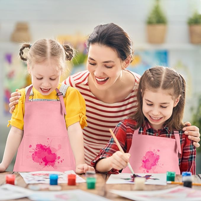 6 Pack Kids Apron Bulk with 2 Pockets Adjustable Chef Art Apron Kids Painting Aprons for Cooking Baking Painting Crafting Grilling Activity（Pink）
