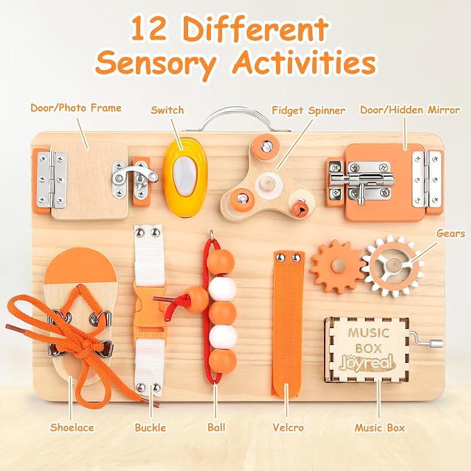 Joyreal Wooden Busy Board for Toddlers - Montessori Sensory Activity Board for Fine Motor Skills, Educational Travel Sensory Toys for Children Toddlers & Kids