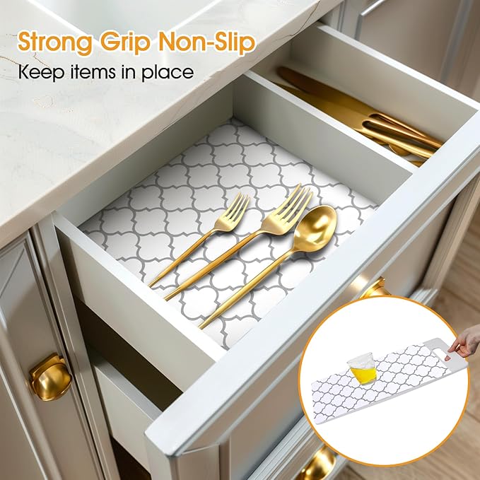 Shelf and Drawer Liner for Kitchen Cabinets Non-Adhesive, Strong Grip Non-Slip Thickened Cabinet Liners for Shelves, Waterproof Mats for Dresser Cupboard, White/Gray, 23 in x 10 Feet