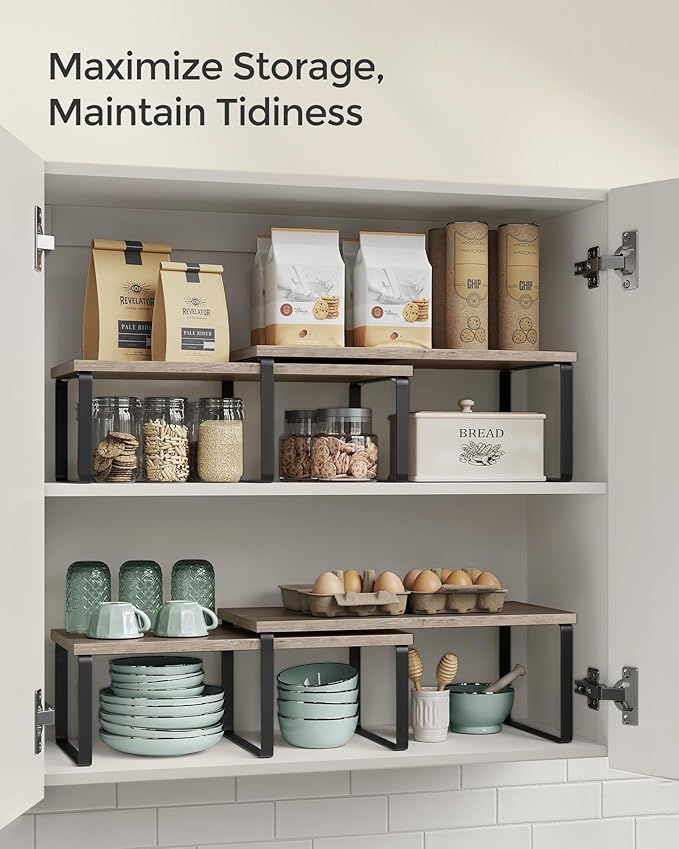 SONGMICS Cabinet Organizer Shelf, Set of 4 Kitchen Counter Shelves, Kitchen Storage, Spice Rack, Stackable, Expandable, Metal and Engineered Wood, Ink Black and Heather Greige UKCS022X02