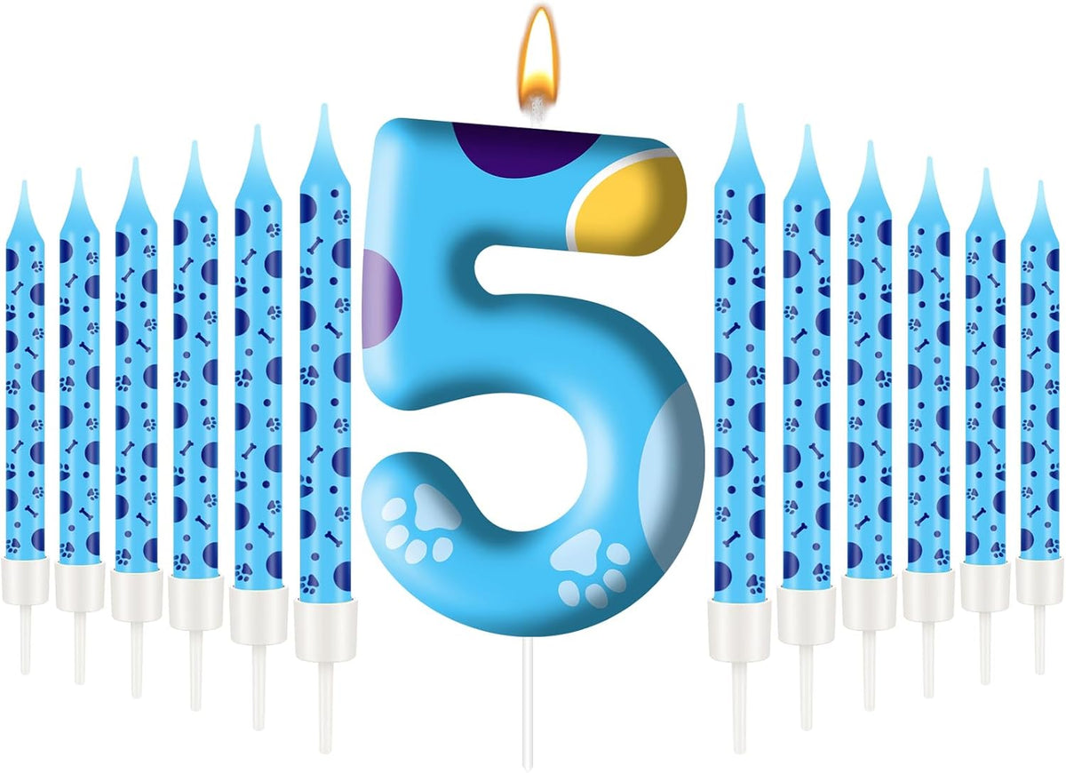 13PCS Blue Dog Paw Birthday Candles Set Cake Topper Numeral Birthday Candles for Boy Girl Dog Paw Decoration(Number 5)