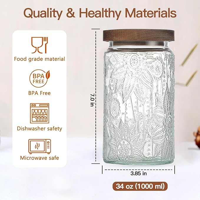 34 OZ Airtight Glass Storage Jar with Bamboo Lid - Vintage Glass Jar Vintage Food Containers Canisters Set for Kitchen Counter & Pantry - Ideal for Sugar, Flour, Coffee, Tea, Candy, Oats, Cereal