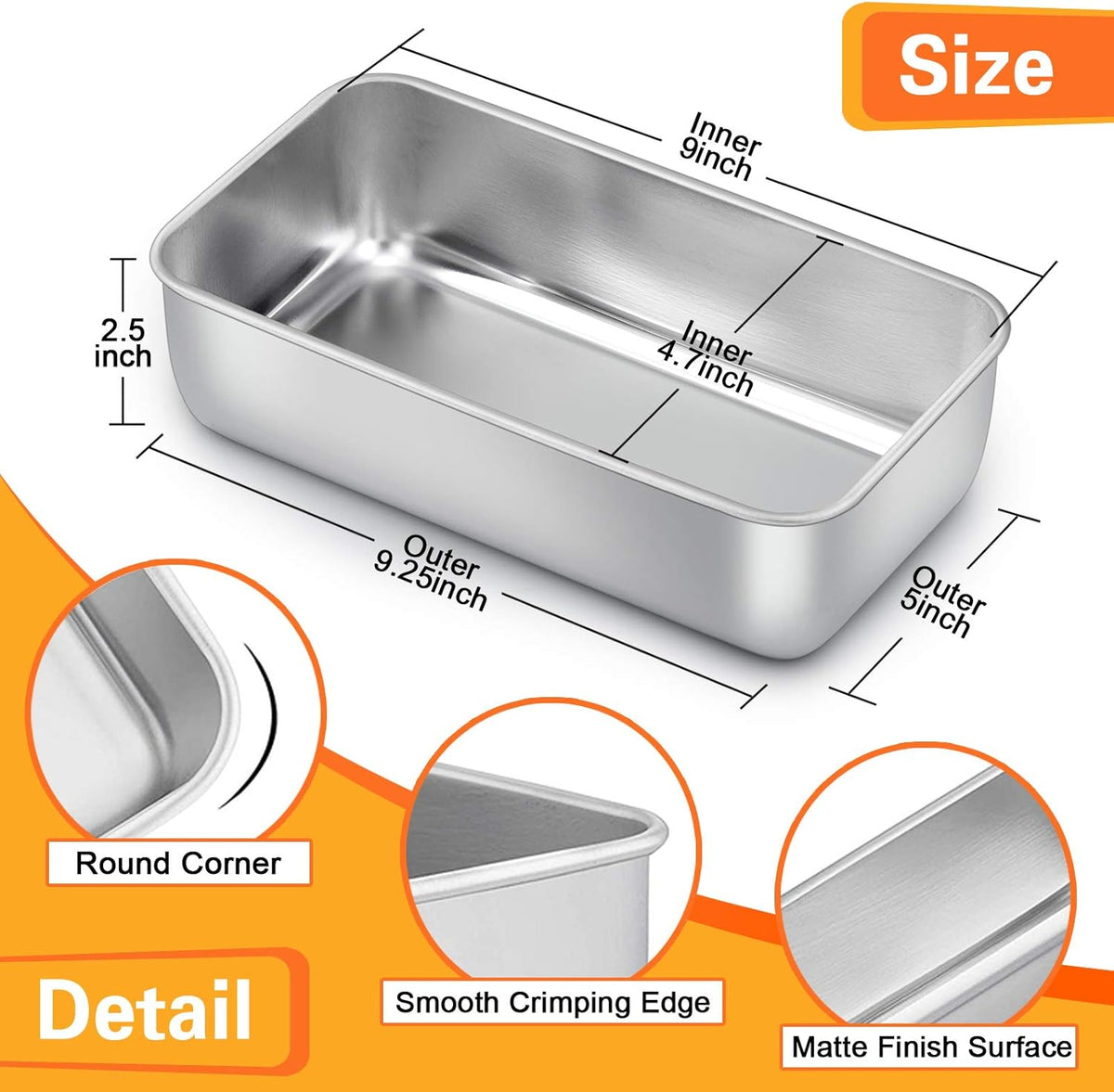 E-far Loaf Pan for Baking Bread, 9 x 5 Inch Stainless Steel Baking Loaf Pans, Metal Bakeware for Bread Meatloaf Cake Brownies, Healthy & Non Toxic, Easy Release & Dishwasher Safe - Set of 3