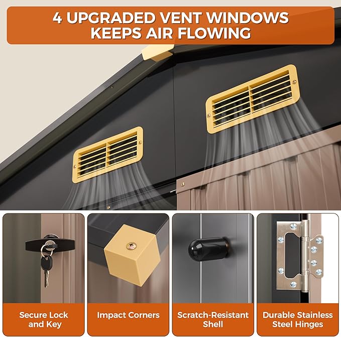 IRONCK 10x12FT Outdoor Storage Shed, Metal Garden Tool Shed with Breathable Vent and Lockable Doors, Outside Storage for Backyard, Poolside, Patio, Brown