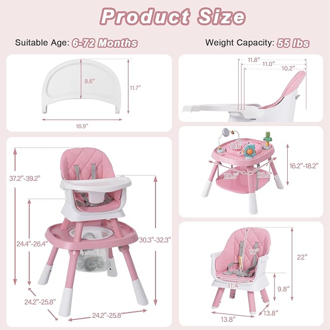 Babyliebe 15-in-1 Baby High Chair, Convertible Highchair for Babies and Toddlers with Activity Center, Booster Seat, Building Block Table, Toddler Chair with Safety Harness, Removable Tray (Pink)