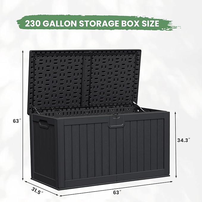 Greesum 230 Gallon HDPE Outdoor Storage Box with Removable Dividers, Weatherproof Oversized Deck Box for Patio, Garage, Garden, Black