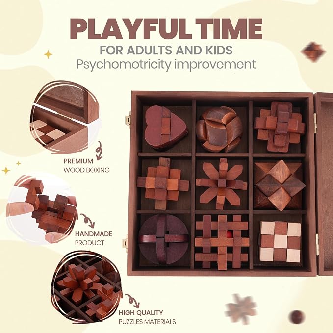Wooden Brain Teaser Puzzles for Adults - Brain Teaser Puzzles with Wooden Box 3D Puzzle Game Toys for Adults Teens - Unlock Interlocking Puzzle Adult IQ Education Smart Toys