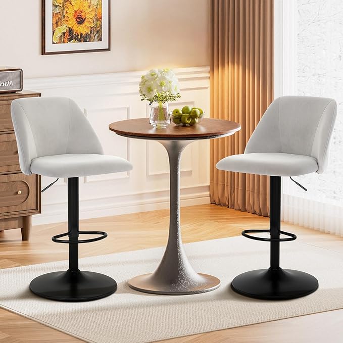 COLAMY Bar Stools Set of 2, Modern Swivel Bar Chairs, Adjustable Upholstered Barstools Counter Height with Full Backrest for Bar, Dining Room, Kitchen Island, Grey