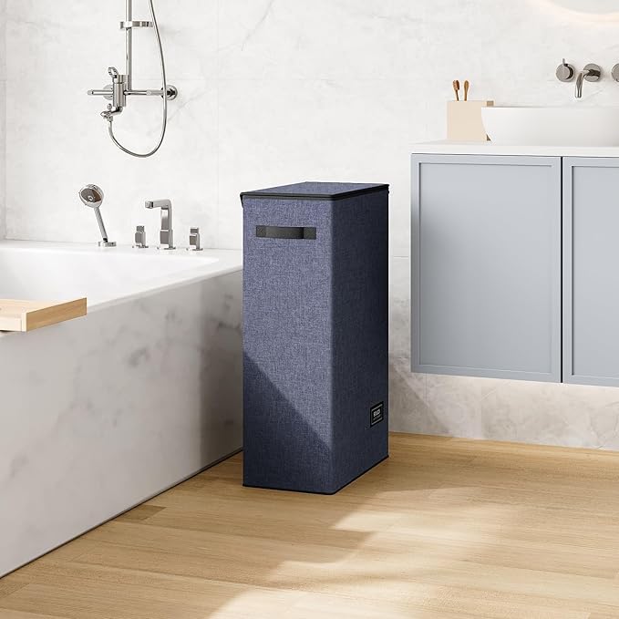 SOLEDI Slim Laundry Hamper with Lid, Narrow Laundry Basket with Removable Bags, Dirty Clothes Hamper with handle, Small Hamper perfect for Laundry room, Bathroom, Bedroom, Small spaces. 70L Navy Blue