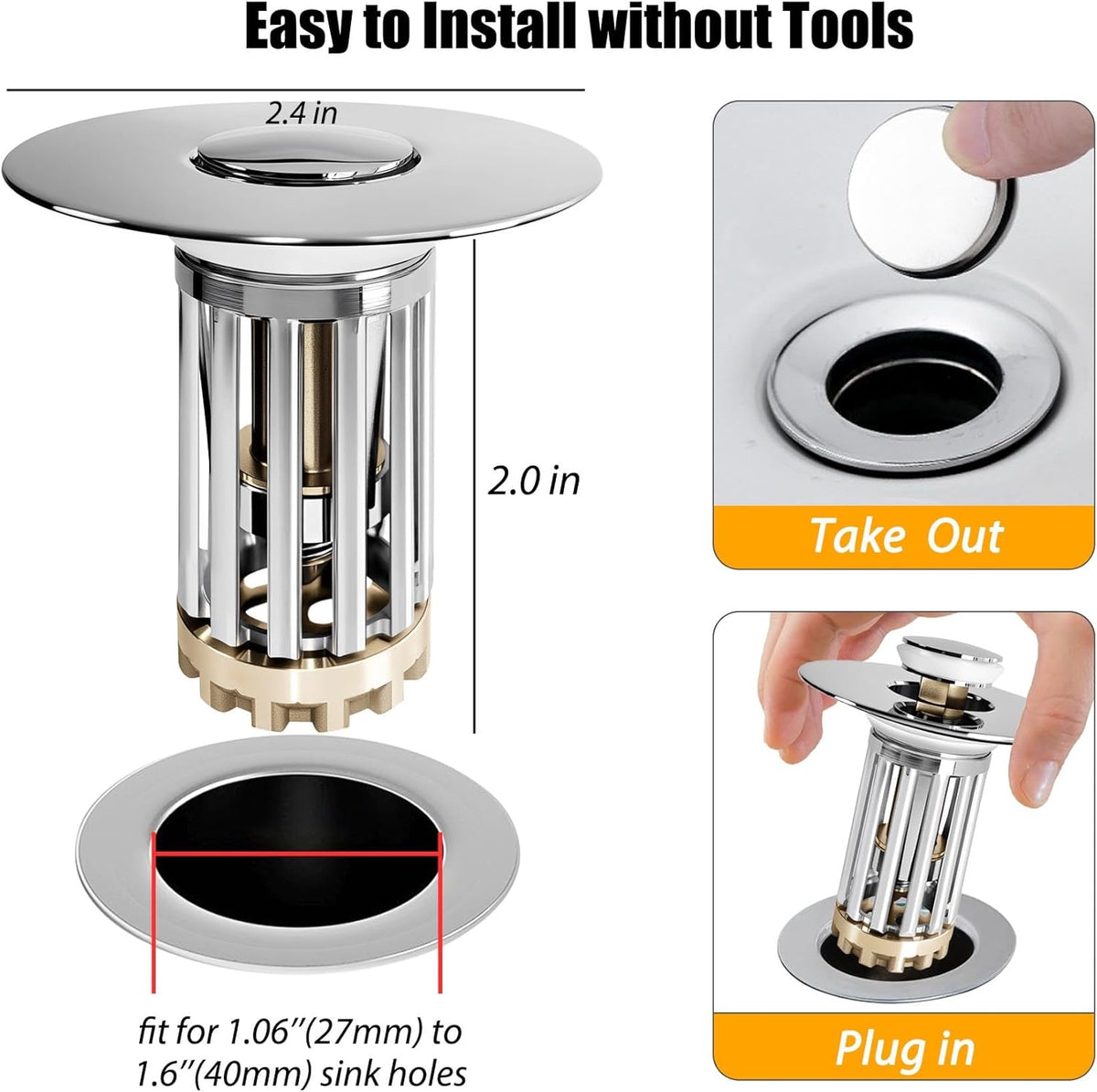 Bathroom Sink Drain Strainer, 3 in 1 Pop Up Bathroom Sink Stopper with Removable Brass Basket Hair Catcher, Universal Sink Plug for 1.06 to 1.6in Drain Hole, Chrome Silver