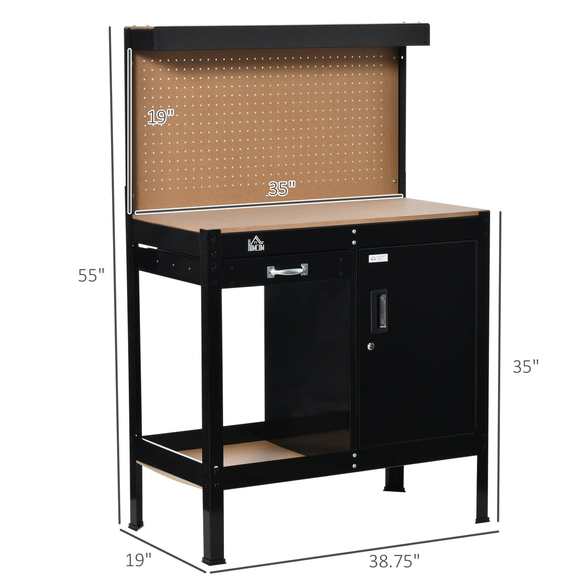 Multipurpose Workbench, Workshop Tool Table with Slide Drawer, Peg Board, Storage Cabinet with Keys