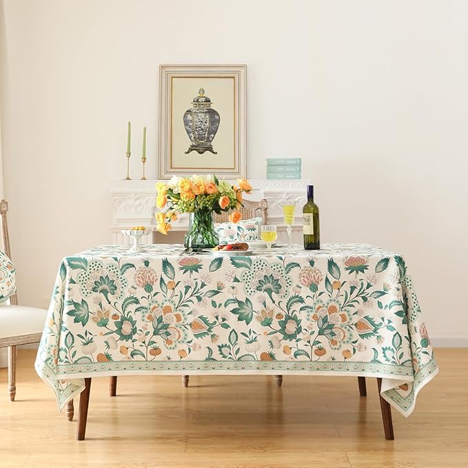 patdrea Designer Green Extra Long Rectangle Table Cloth,Italian Floral Country Linen Breathable Tablecloth,Decor Cover for Kitchen Dining,Christmas,Tea Party,Thanksgiving,63"x110"-Tree Life