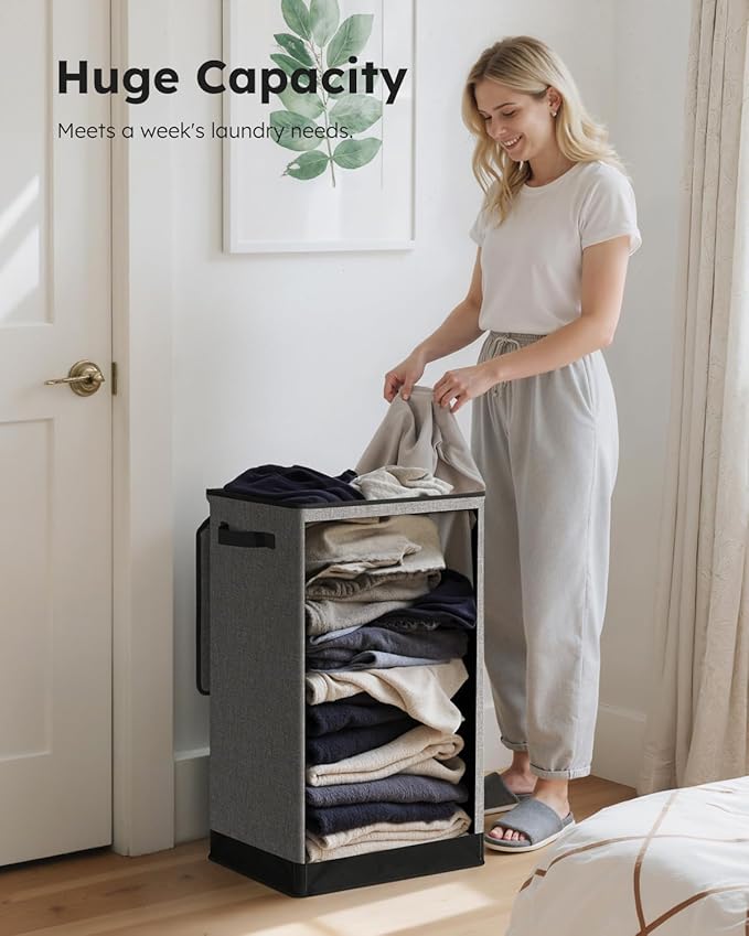 SOLEDI Laundry Hamper with Lid 90L Large & Tall Collapsible Laundry Basket, Clothes Hamper with Bag Removable Easy to Carry, Dirty Hampers for Bedroom, Bathroom, Dorm, College, Grey