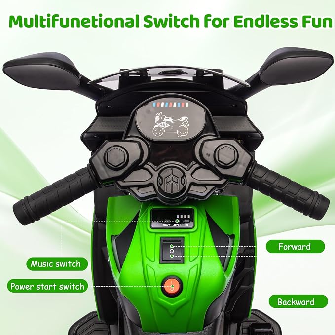 Kids 6V Ride On Motorcycle, Battery Powered Ride On Toys w/Treaded Tires, Working Headlight, Horn, Music, Training Wheels, Stable Electric Toddler Motorcycle for Kids, Gift for Boys Girls, Green