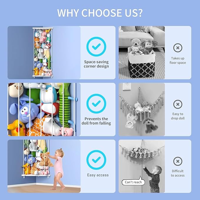 Stuffed Animal Storage Shelf Organizer(Patented) - Corner Stuffed Animal Holder Length Adjustable - Wall Plush Storage for Nursery Playroom Bedroom Kids Room (White, Extra Large)