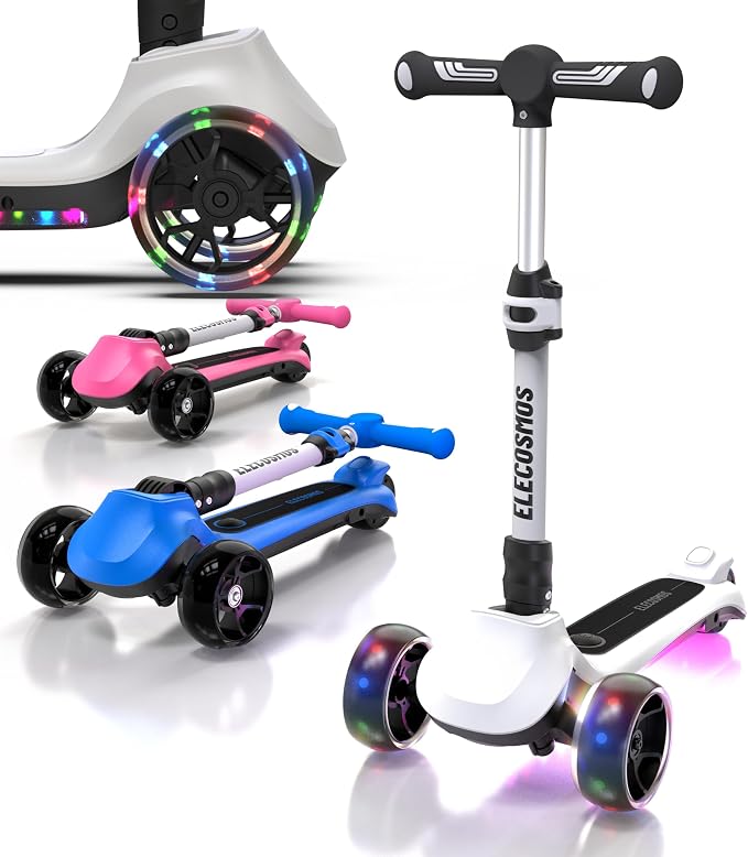 ELECOSMOS Kids Electric Scooter for Age 4-9, Light Up 3-Wheeled Scooter with Big LED Wheels, Wide Flashing Deck, Adjustable Height